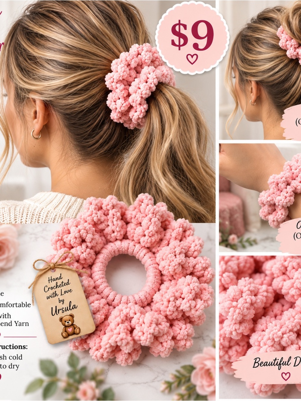 Plush Chunky Pink Crochet Scrunchie